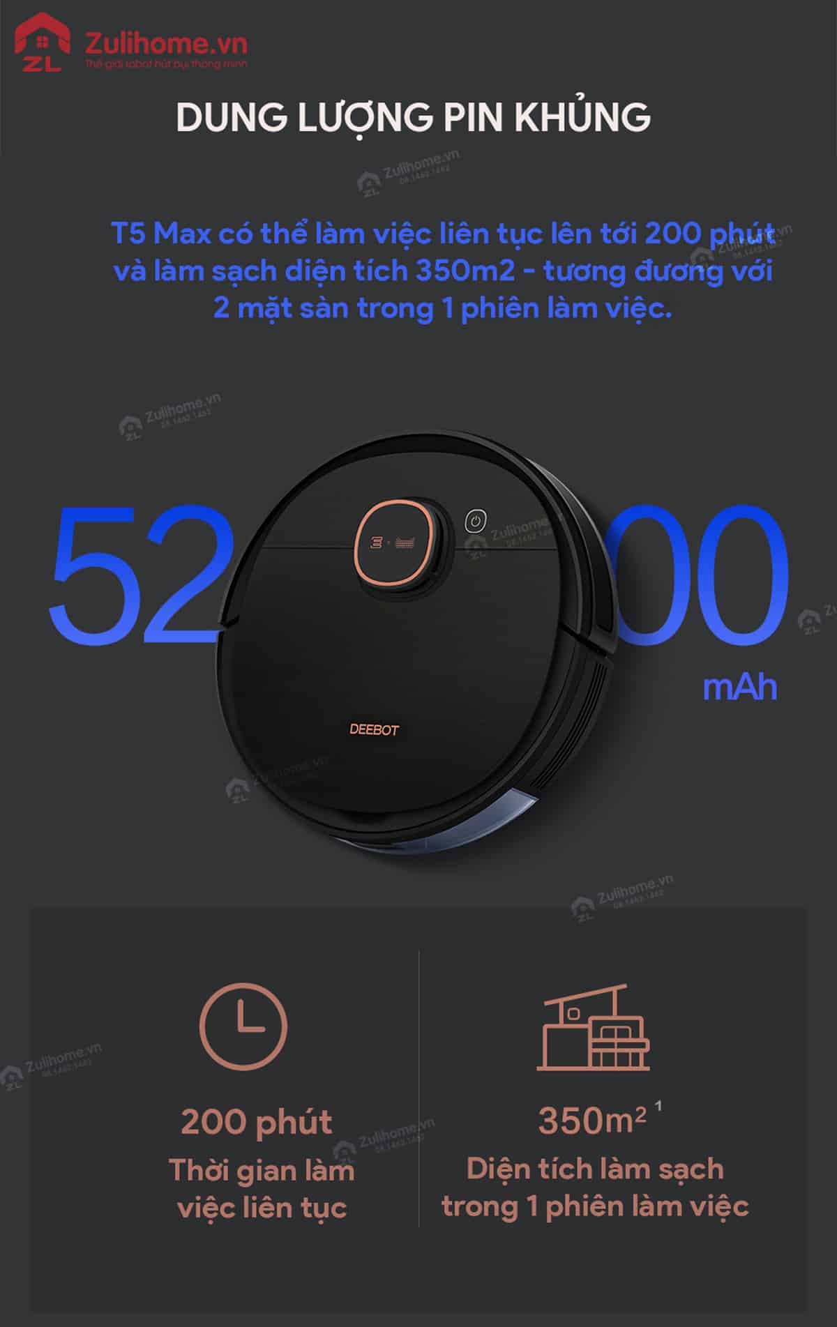 Ecovacs Deebot T5 MAX (DX65) 4 Ecovacs Deebot DX65 - T5 Max | Dung lượng pin khủng