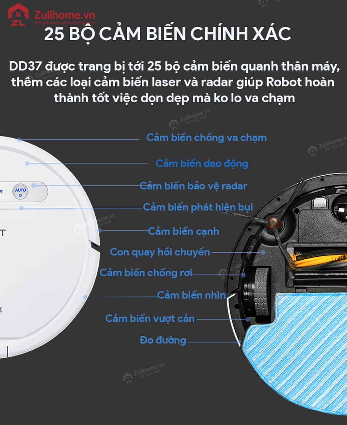 Ecovacs Deebot DD37 6 Ecovacs Deebot DD37 tích hợp 25 bộ cảm biến chính xác