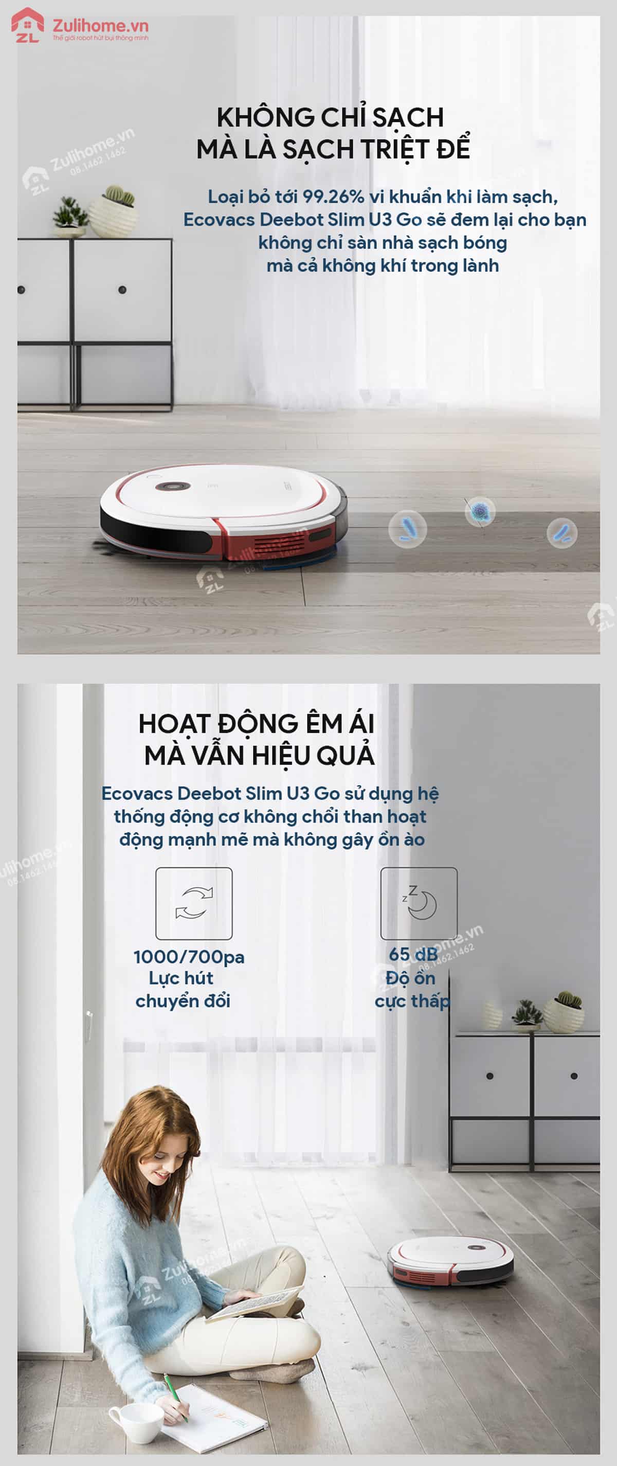 Ecovacs Deebot Slim U3 Go - DK41 5 Ecovacs Deebot Slim U3 Go - DK41 lau sạch triệt để và hoạt động êm ái