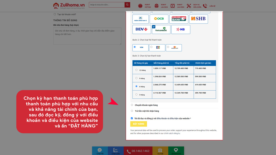 HƯỚNG DẪN MUA TRẢ GÓP QUA THẺ TÍN DỤNG TẠI ZULIHOME THÔNG QUA CỔNG THANH TOÁN ALEPAY 10 005 2